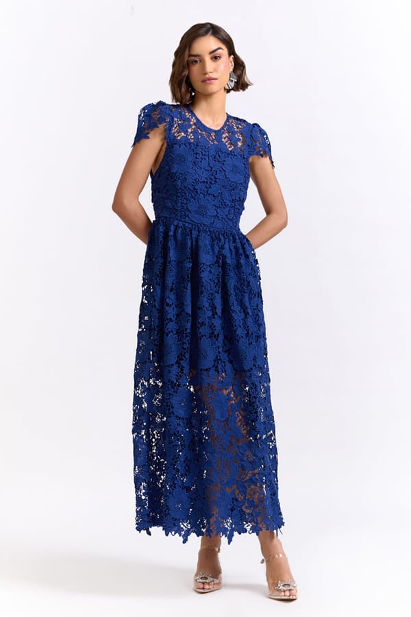 Blue Lace Fit and Flare Maxi Dress — AVERIE