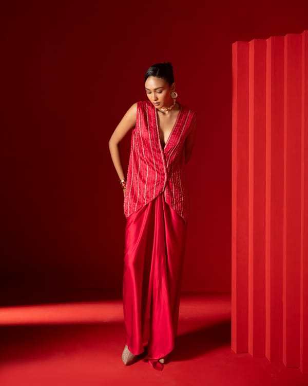Red Waistcoat And Skirt — Prachi Sarda