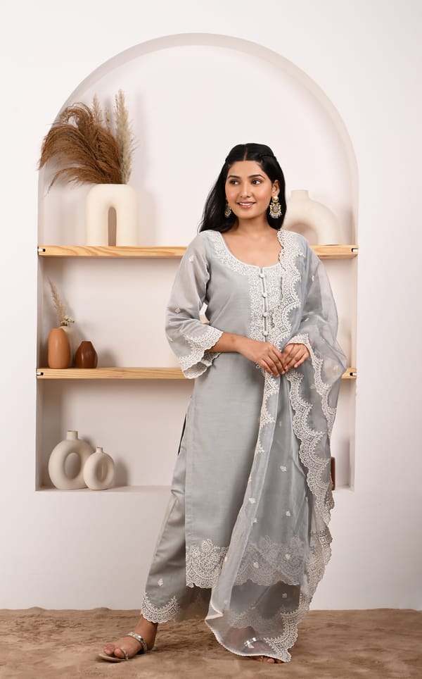 Silver Grey Chanderi Embroidered Straight Suit Set — NARAYANI VASTRA