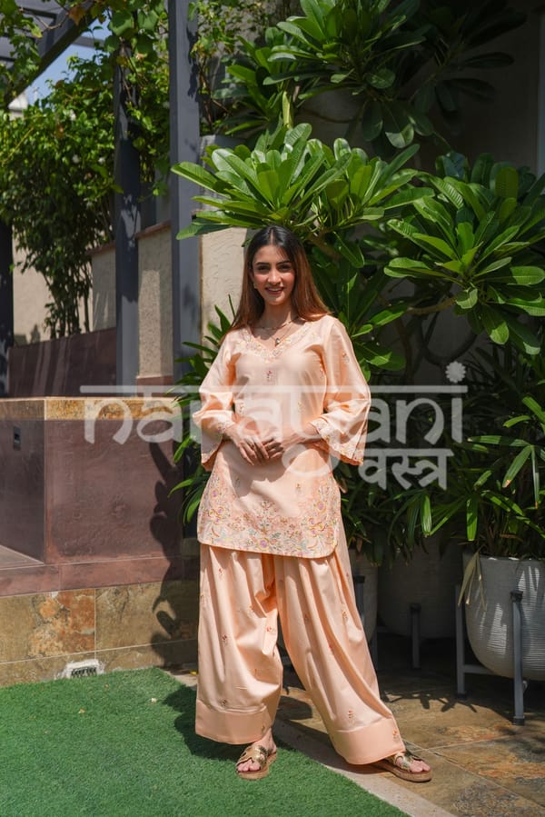 LYRA - Peach Embroidered Cotton Co-ord Set — NARAYANI VASTRA