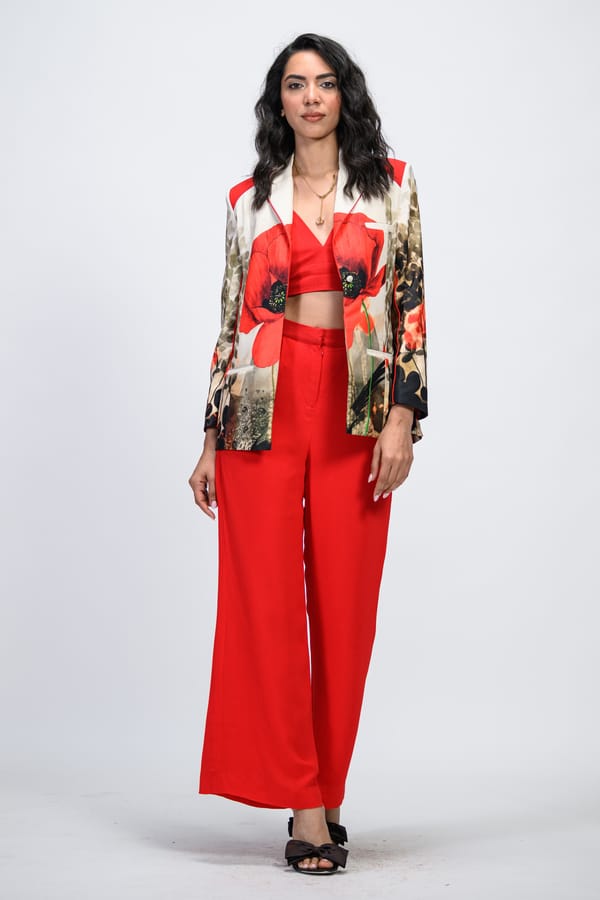 Off White Printed Blazer and Red Flared Trouser Co-ord Set — The Dramebaaz Company