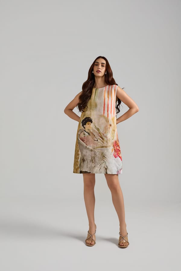 Apricot Linen Art Print Shift Mini Dress — Prink Tonic