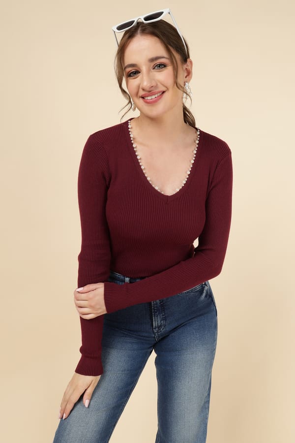 Bordo Rib-Knit V-Neck Sweater with Pearl Trim — MnM
