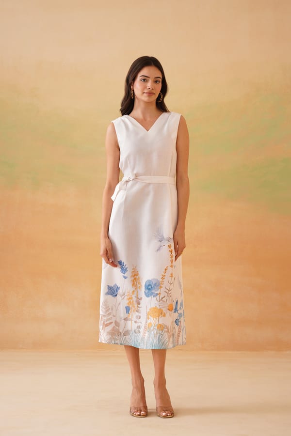 White V-Neck Sleeveless Fit and Flare Midi Dress — IERA