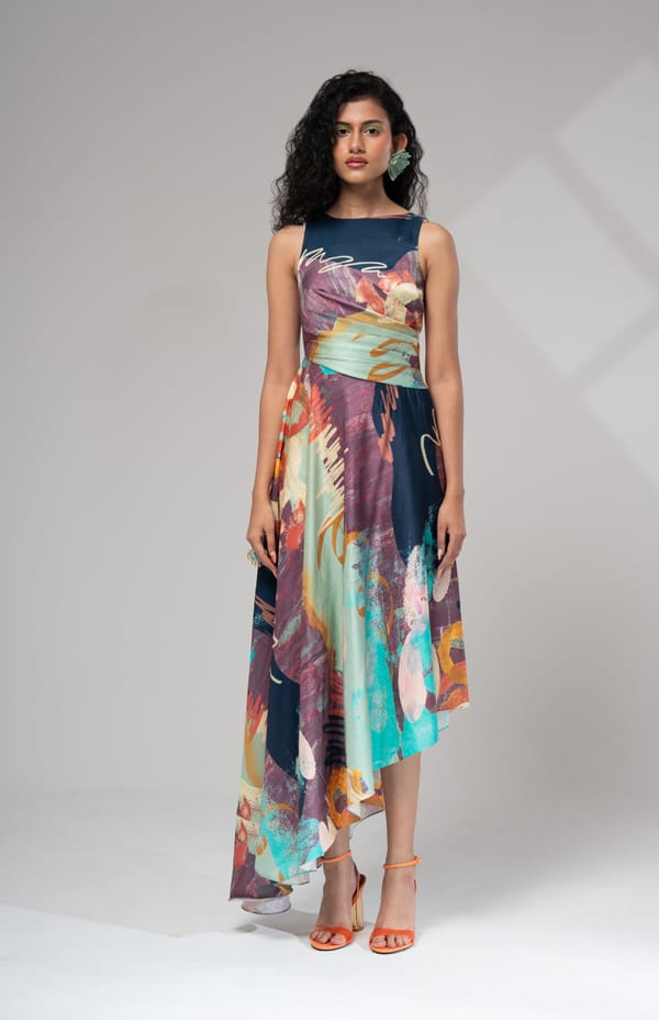 Multicolour Printed Asymmetrical High-Low Midi Dress — ADVAIT