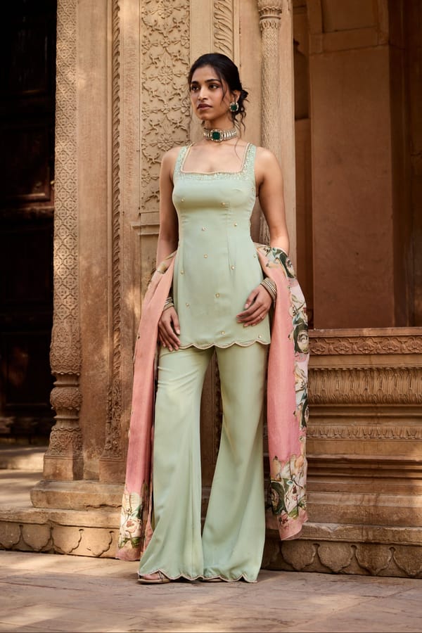 Adara Sage Green Embroidered Sharara Set — Lea Clothing