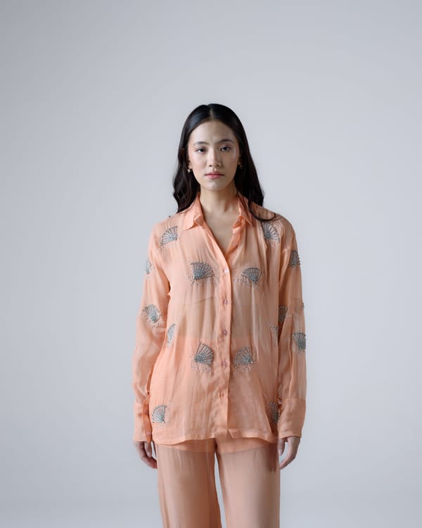 Coral Hand-Embellished Organza Button-Down Shirt — MAGIA