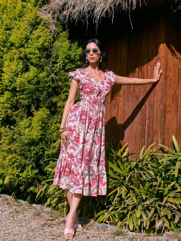 Pink Paisley Print Tiered Midi Dress with Ruffle Sleeves — Style Island