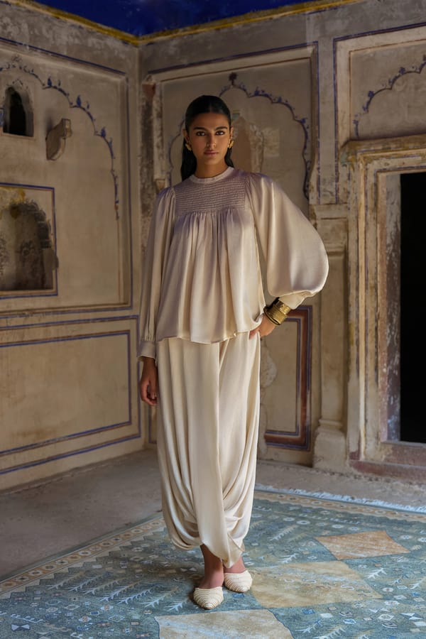 Smocked Balloon Sleeve Top & Textured Cowl Drape Pant — Dash and Dot