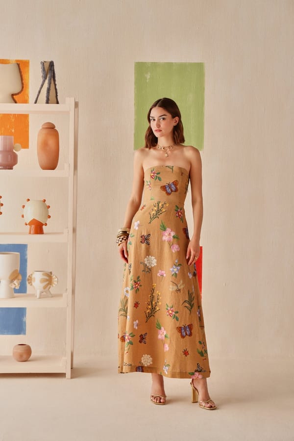 Tan Strapless Floral Print Fit and Flare Midi Dress — Sage by Mala