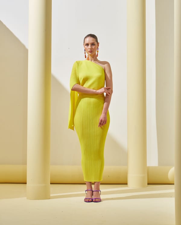 Yellow One-Shoulder Pleated Drape Midi Dress — Pleats by Aruni