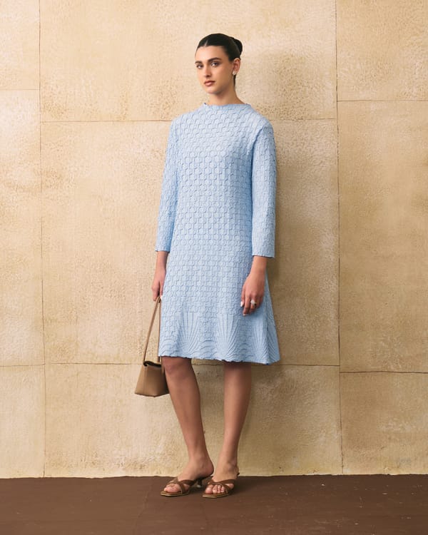Sky Blue Textured A-Line Knee-Length Dress — Pleats by Aruni