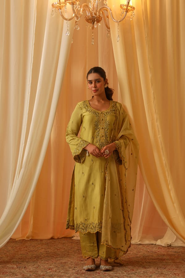 Yellow Chanderi Embroidered Kurta Pant Set with Dupatta — NARAYANI VASTRA