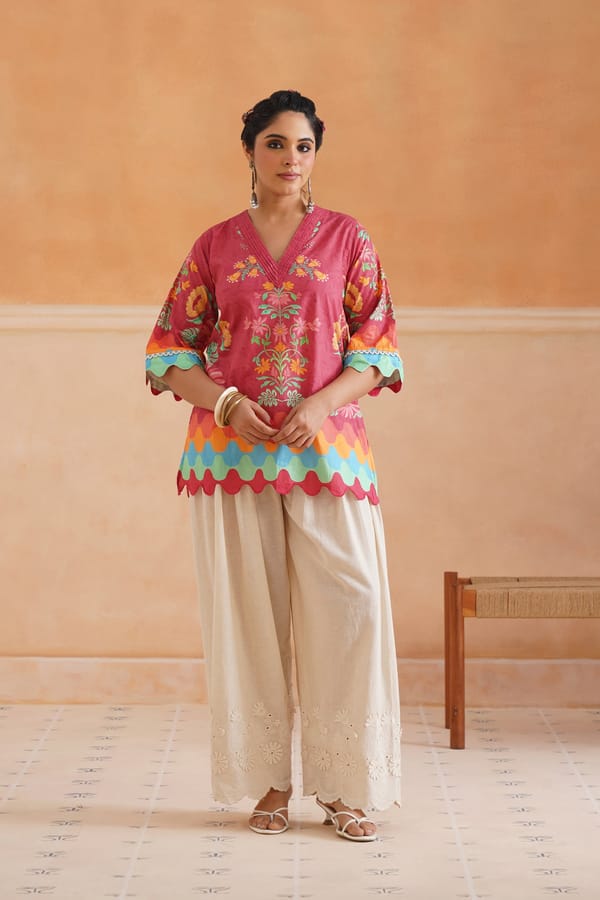 Coral Pink Floral Printed Cotton Kurta Co-ord Set — NEETIKA CHOPRA
