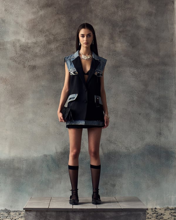 Black Tailored Longline Denim-Detail Waistcoat — Aruni