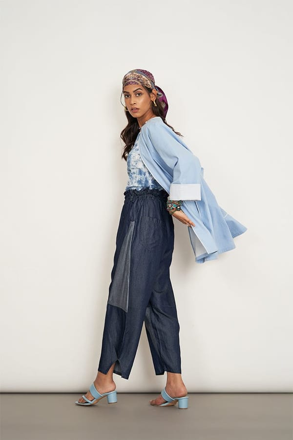 Blue Tencel Denim Carrot-Fit Tonal Panel Trousers — Spacelines