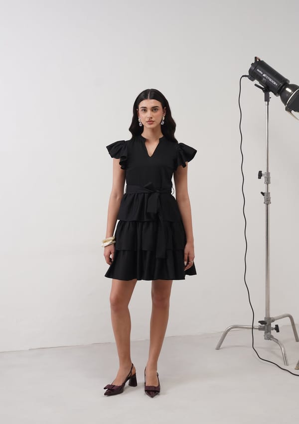 Black Tiered Mini Dress with Ruffle Sleeves and Belt — AMOSHI