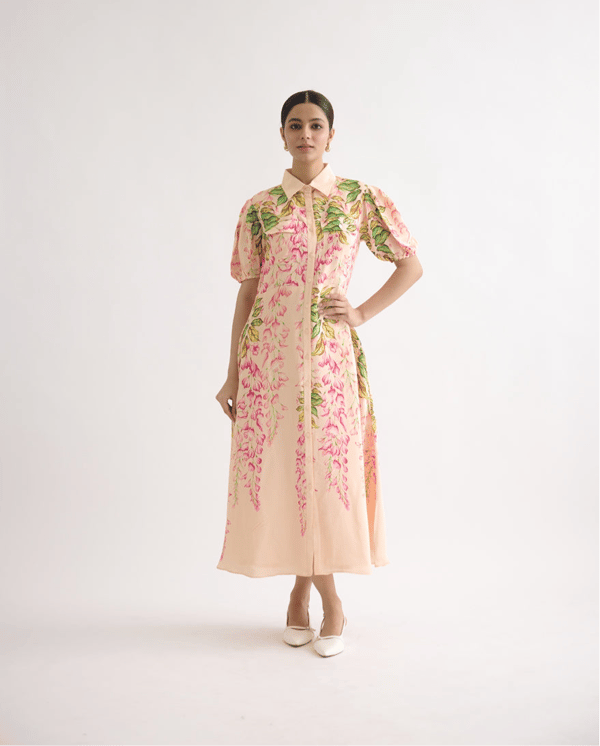 Pink Floral A-Line Midi Shirt Dress with Puff Sleeves — THE FINICKY COLORIST