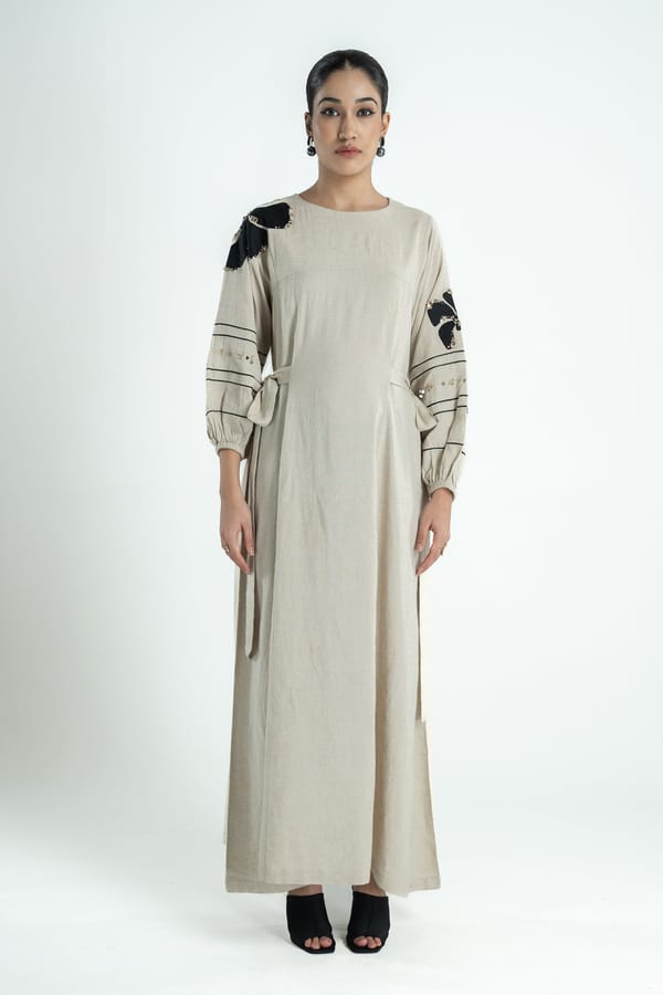 Natural Cotton-Linen Maxi Kaftan with Applique Detail — Our Love