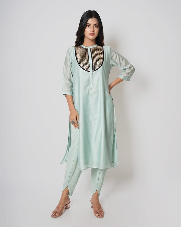 Grey Green Marori Sequins Work Chanderi Kurta Set — Kameez