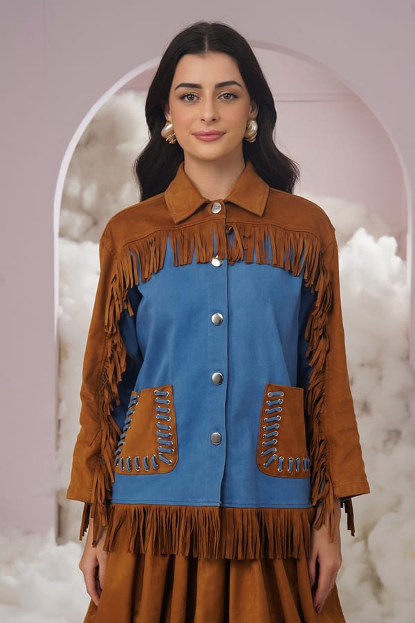 Brown and Blue Colorblock Fringe Jacket — Chöjé