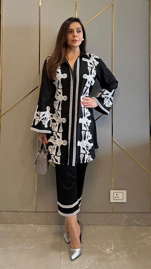 Black Cotton Lace Applique Shirt and Pant Co-ord Set — Kylee Fashions