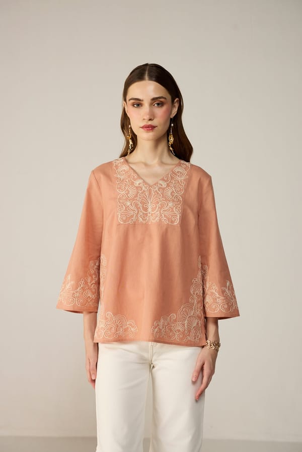Salmon Pink Embroidered V-Neck Tunic Blouse — Calling June