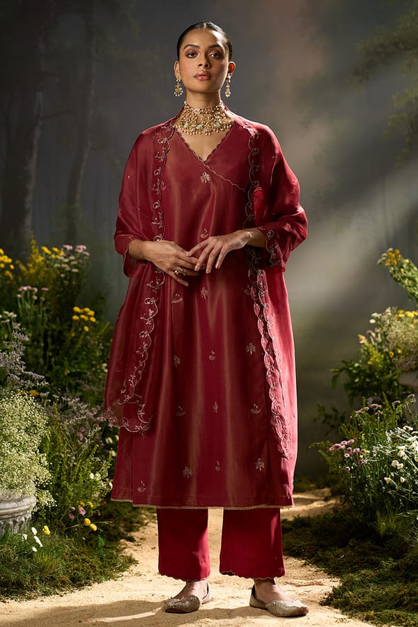 Rumba Red Angrakha Kurta Set with Embroidery and Dupatta — Ganga Fashions Pvt Ltd