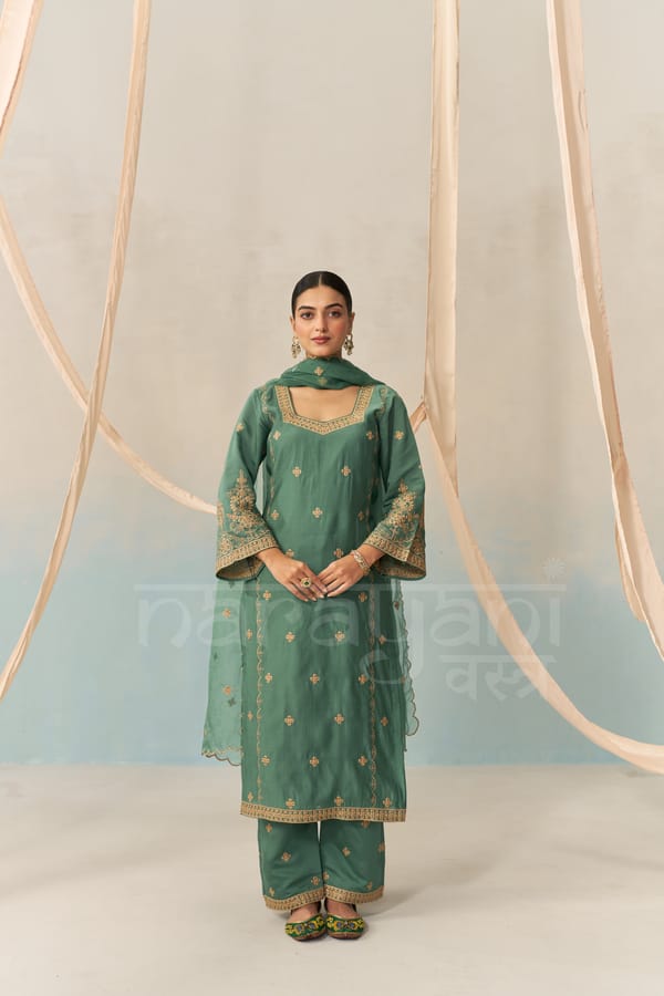 REYA - Emerald Green Chanderi Suit Set — NARAYANI VASTRA