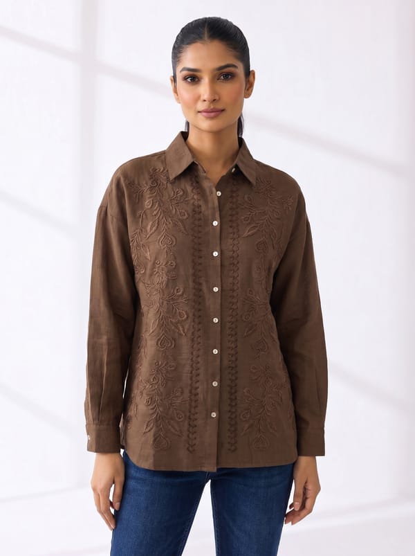 Brown Linen Embroidered Button-Down Shirt — THE LUXURY DRESSING