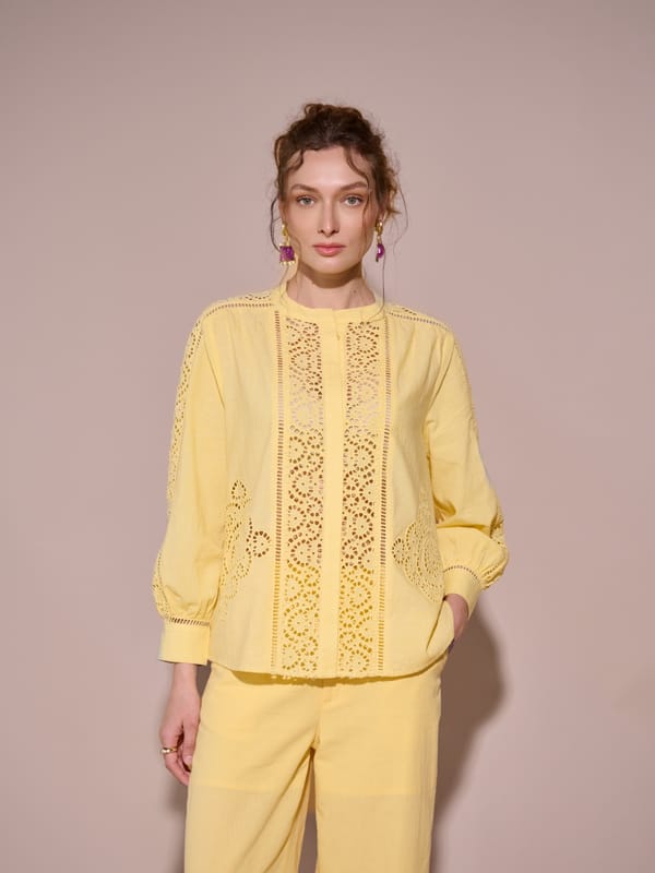 Yellow Cotton Cutwork Button-Front Shirt — Style Island