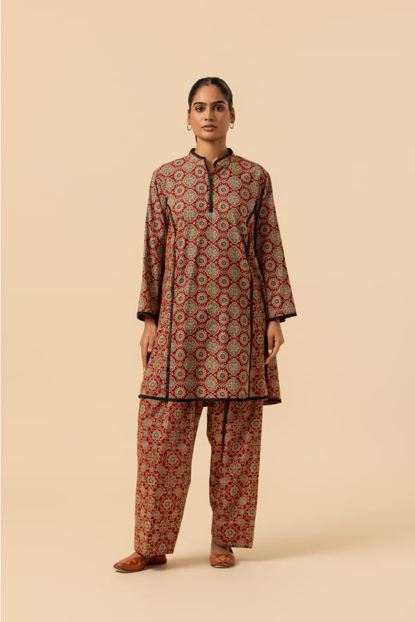 Naseebo Rustic Latticework Ajrakh Printed Farshi Coord Set — Naseebo