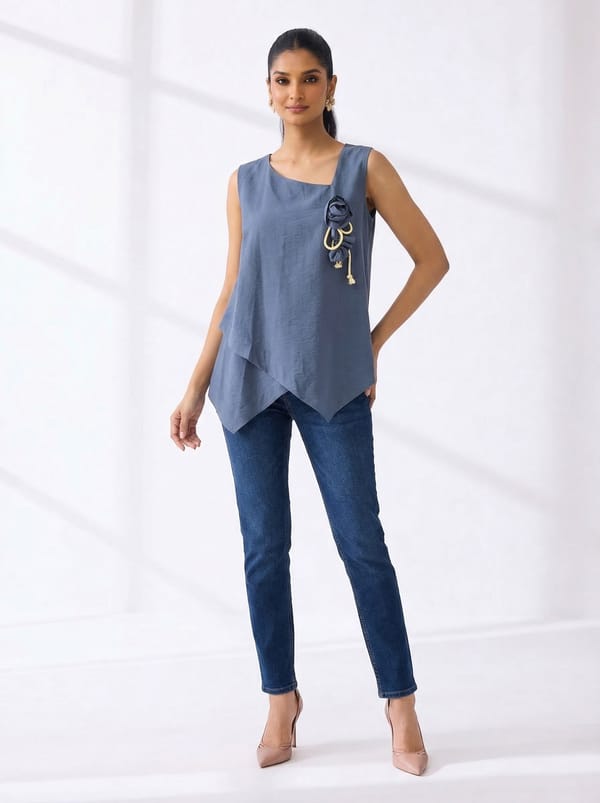 Blue Sleeveless Square-Neck Handkerchief Hem Top — ACRE