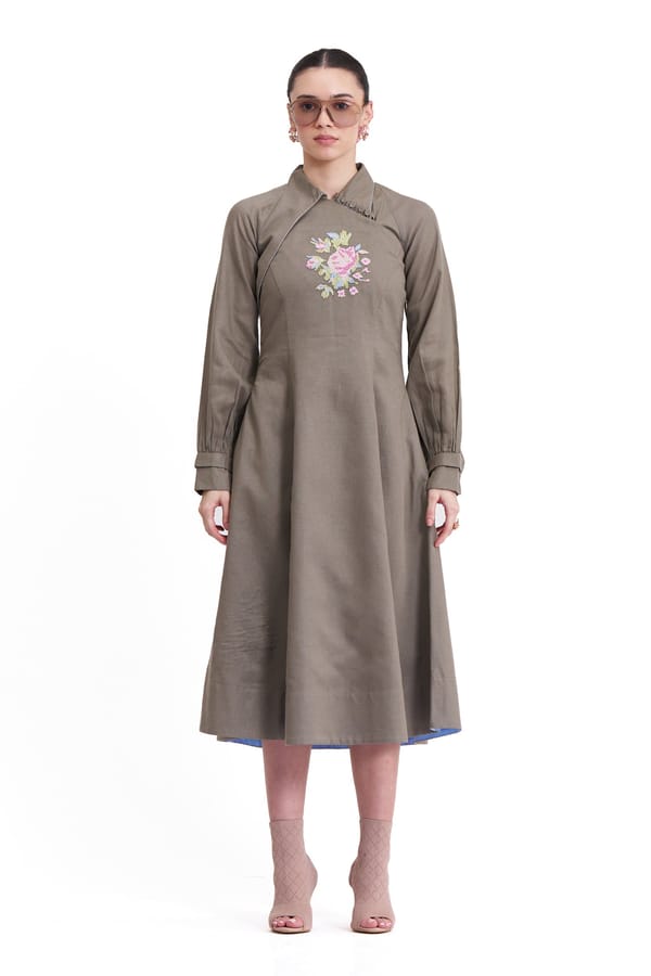 Olive Grey Cotton Linen Fit and Flare Midi Dress — Our Love