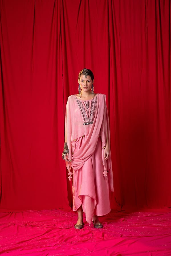 Moose Pink Shimmer Cape and Draped Maxi Skirt Co-ord Set — EnEch
