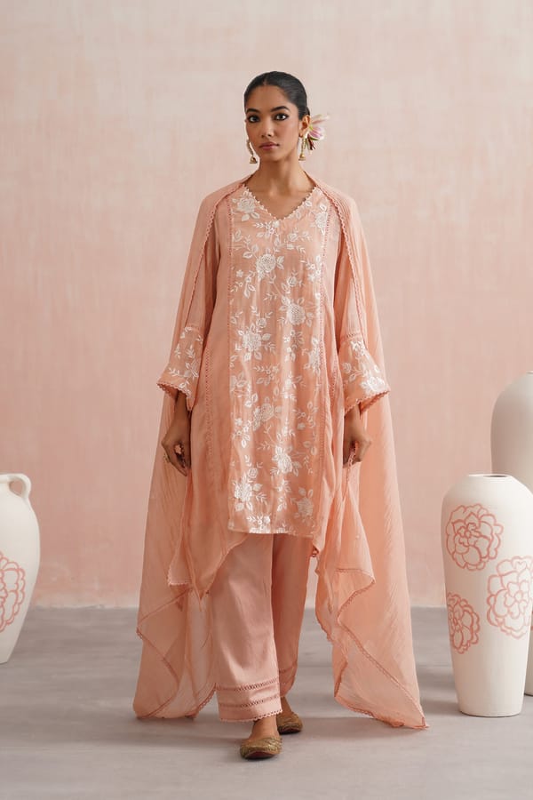 Peach Embroidered A-Line Kurta Set With Dupatta — UGNA