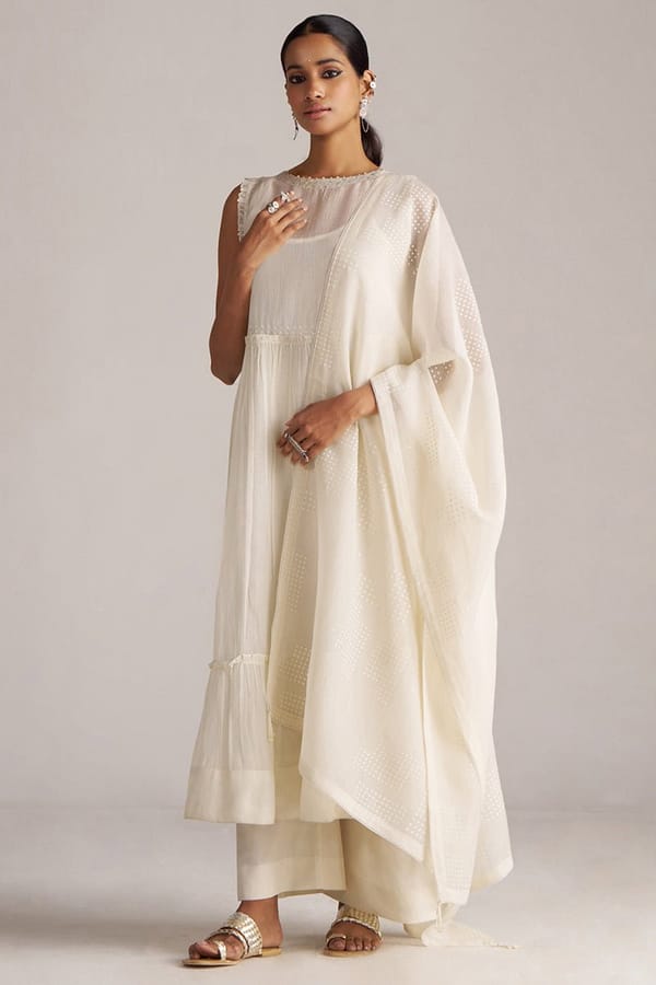 Ivory Sheer Kota Silk A-Line Kurta Set With Dupatta — Ganga Fashions Pvt Ltd