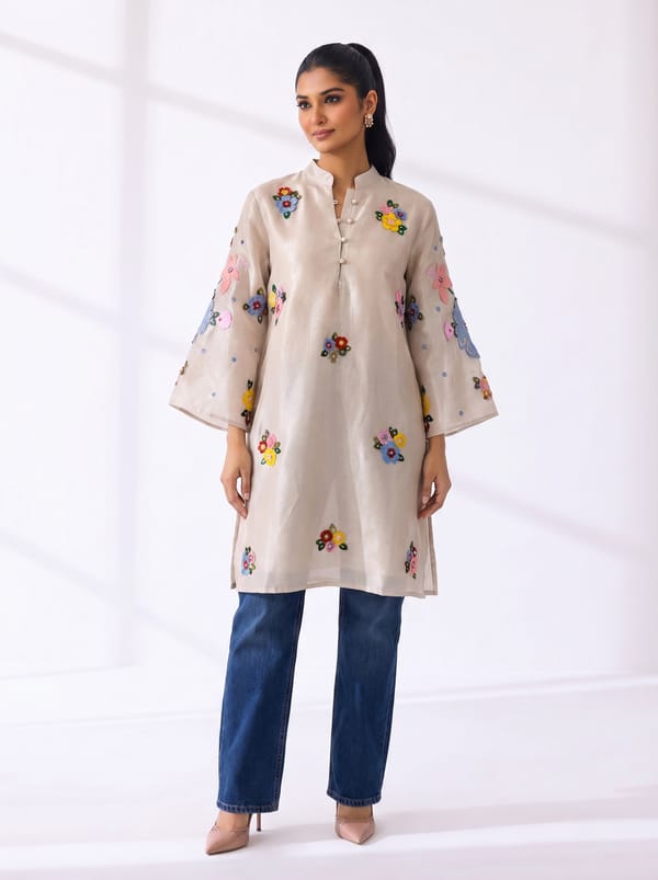 Beige Tissue Organza Floral Appliqué Tunic Top — RUCHIKA MALLIKA LABEL