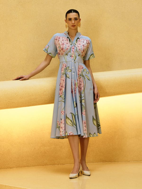 Blue Floral Fit and Flare Midi Shirt Dress — HOUSE OF FETT