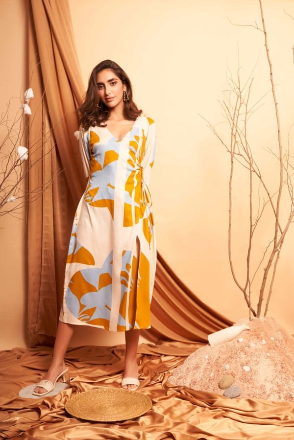 Yellow Bold Print Long dress With Side Keyhole — Western Era