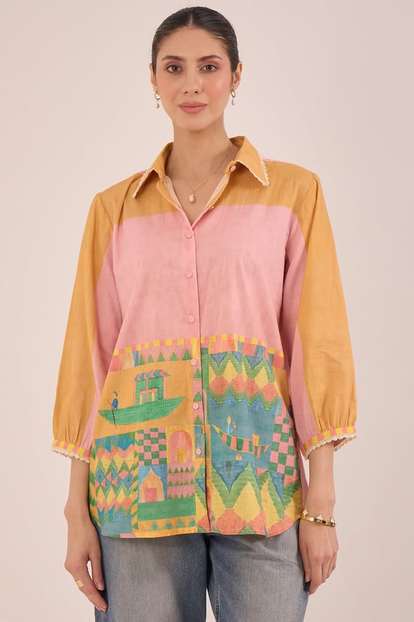 Orange Pink Colorblock Cotton Shirt with Scenic Print — SHIVANI BHARGAVA
