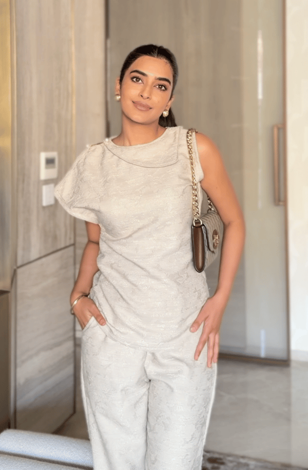 Beige Textured Jacquard Co-ord Set with Asymmetric Top — 9899