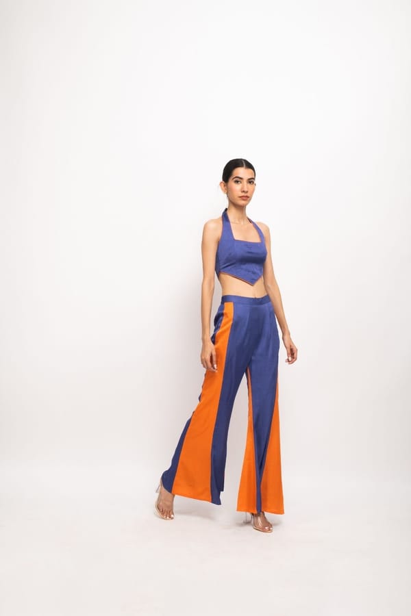 Blue-Orange Halter Bustier and Flared Pants Co-ord Set — Neora
