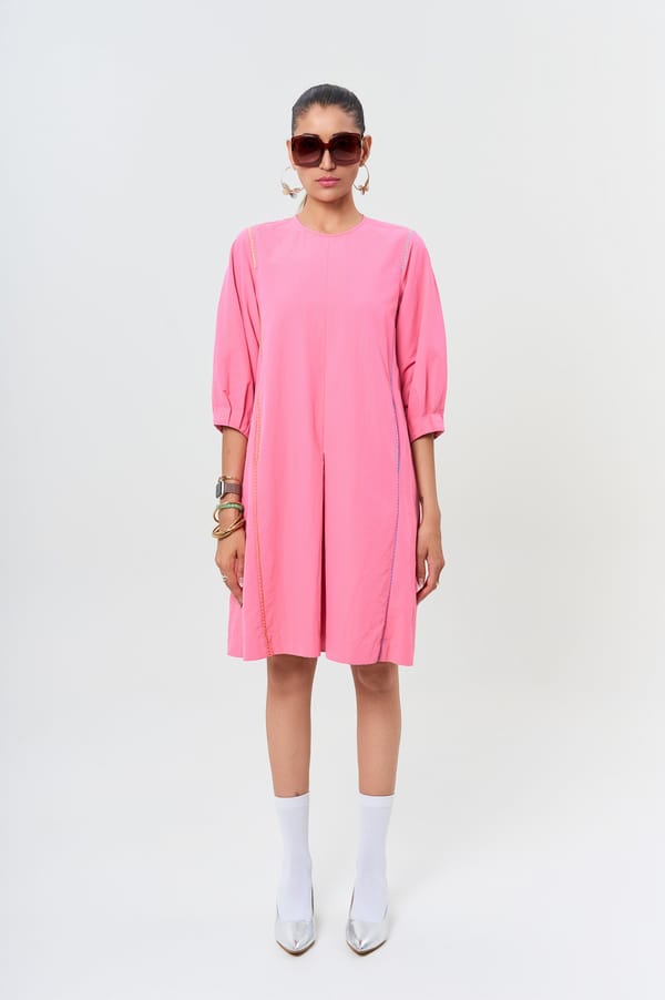 Bright Pink Cotton Knee-Length A-Line Dress with 3/4 Sleeves — KOR