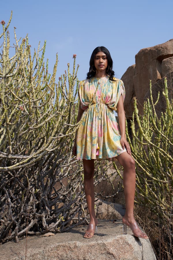 Yellow Abstract Print Shimmer Mini Kaftan Dress — House of Soi