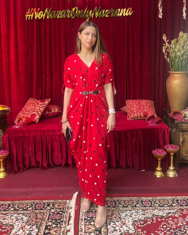 Red Satin Kaftan-Style Midi Dress With Card Motif — Younglings