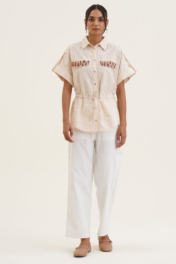Cream Cotton Schiffli Embroidered Drawstring Waist Shirt — STITCH STORIES