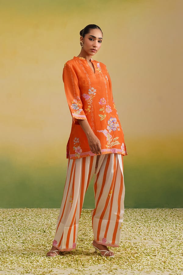 Naaz Orange Floral Printed Tissue Co-ord Set — INCHING INDIA