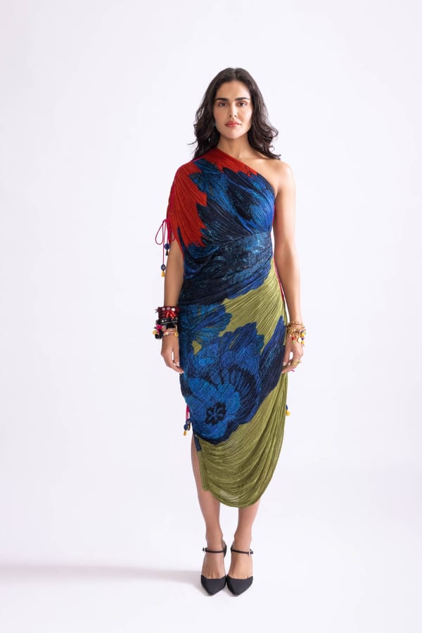 One-Shoulder Micro-Pleated Daisy Print Midi Dress — Saaksha and Kinni