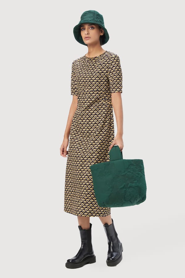 Ochre Scallop Print Slim Fit High Neck Midi Dress — Genes Lecoanet Hemant